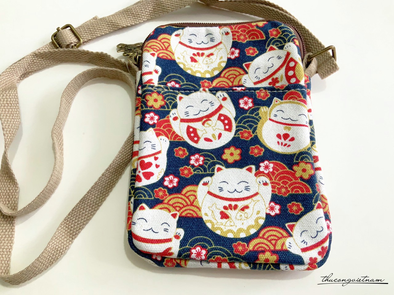Túi handmade vải vintage 12x19x2cm - Mèo thần tài